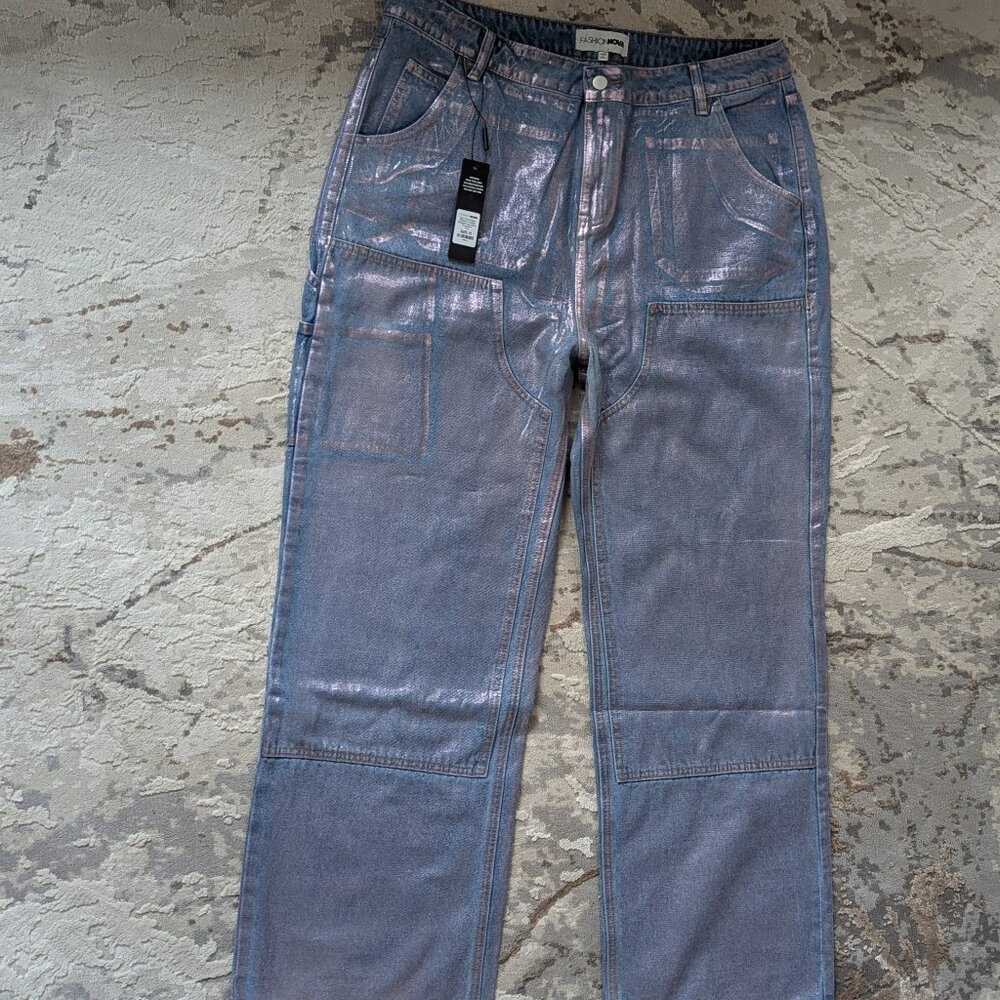 New Fashion Nova Big Time Magic Jeans Size 16  Metallic Coated Pink Straight Leg